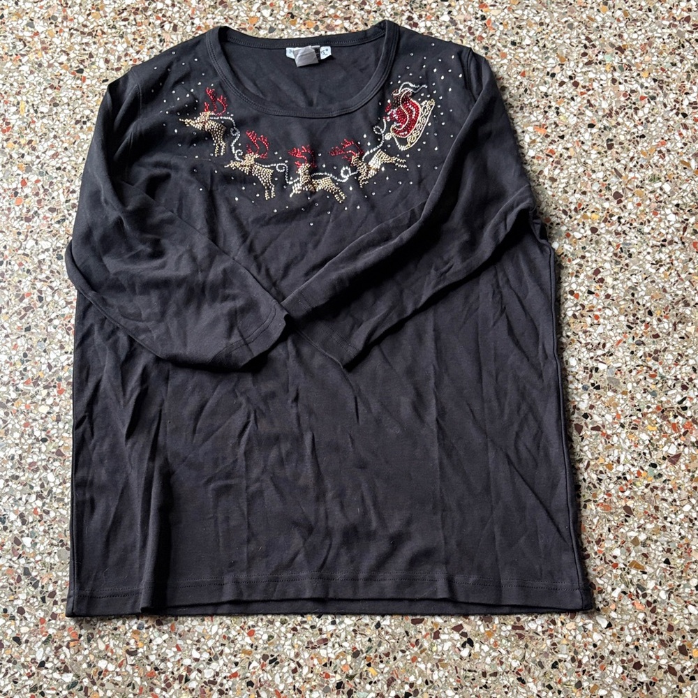 Black 3/4 Sleeve Top with rhinestones Reindeer and Sleigh Design